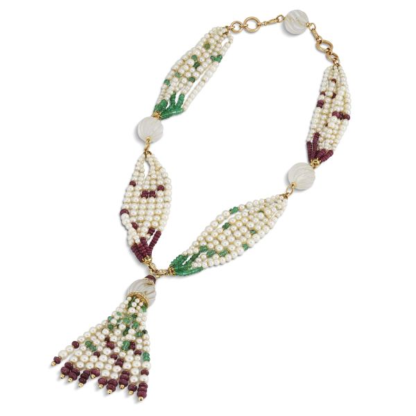 LONG TORCHON MULTI GEM AND PEARL NECKLACE IN 18KT YELLOW GOLD