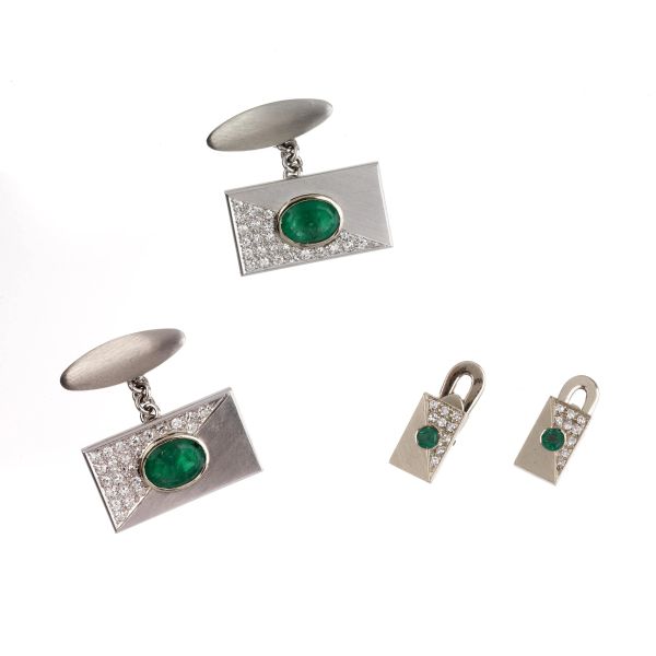 EMERALD AND DIAMOND TUXIDO SET IN 18KT WHITE GOLD