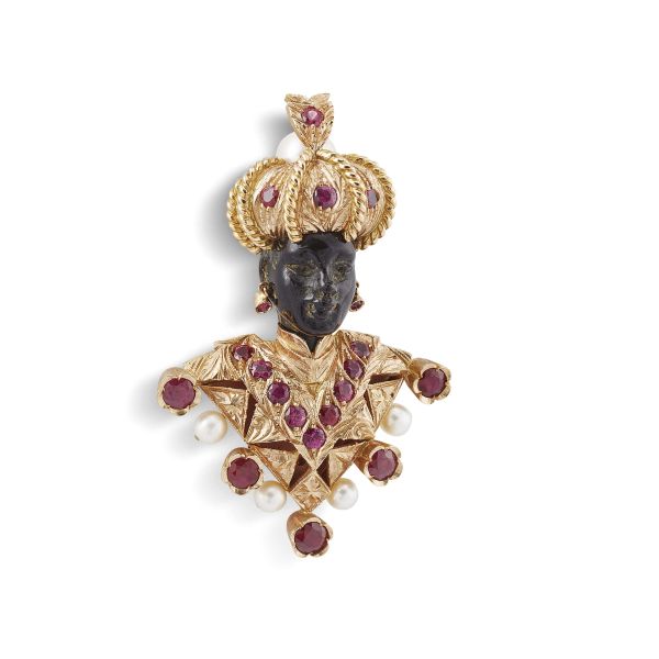 NARDI &quot;MORETTO&quot; RUBY AND PEARL BROOCH IN 18KT YELLOW GOLD AND EBONY