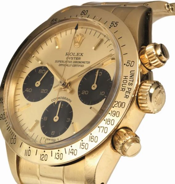 Orologio da polso Rolex Oyster Superlative Chronometer Officially Certifies Cosmograph Daytona Ref. 6265 seriale 6'123'345, 1979 circa, in oro 18 kt