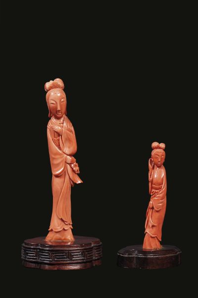 TWO FIGURES IN RED CORAL, CHINA, QING DYNASTY, 19-20TH CENTURIES