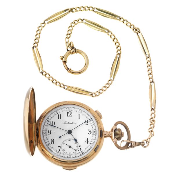 INITIATIVE CHRONOGRAPH&nbsp; HOURS AND QUARTER REAPETER YELLOW GOLD POCKET WATCH WITH A CHAIN