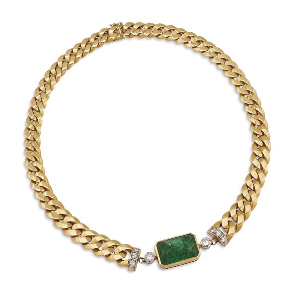 EMERALD AND DIAMOND CURB CHAIN NECKLACE IN 18KT TWO TONE GOLD