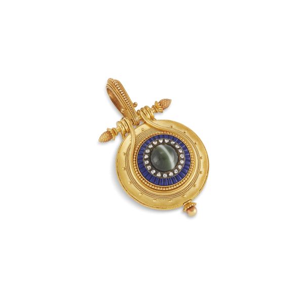 RELIQUARY PENDANT WITH CHALCEDONY AND DIAMONDS IN 18KT YELLOW GOLD