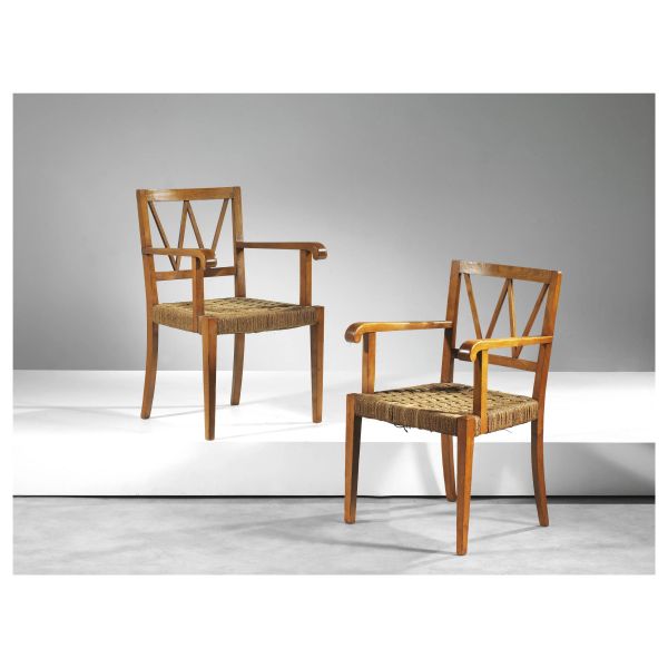 A PAIR OF ARMCHAIRS, WOODEN STRUCTURE, STRAW SEAT