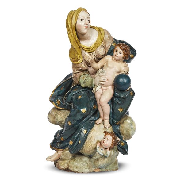Neapolitan, mid 18th century, Madonna with Child, polycrhome terracotta, 42x23x19 cm on gilt wooden base, 13x31x31 cm