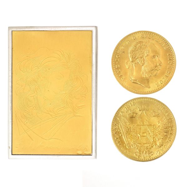 AUSTRO-HUNGARIAN COIN IN GOLD AND A FIGURATIVE PLATE IN SILVER AND 24KT GOLD