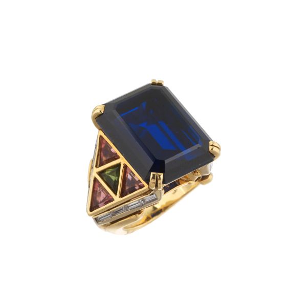 BIG SYNTHETIC STONE TOURMALINE AND DIAMOND RING IN 18KT TWO TONE GOLD