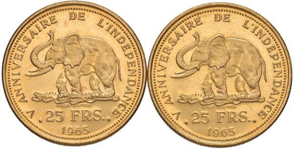 CONGO. DUE MONETE D&rsquo;ORO DA 25 FRANCHI 1965