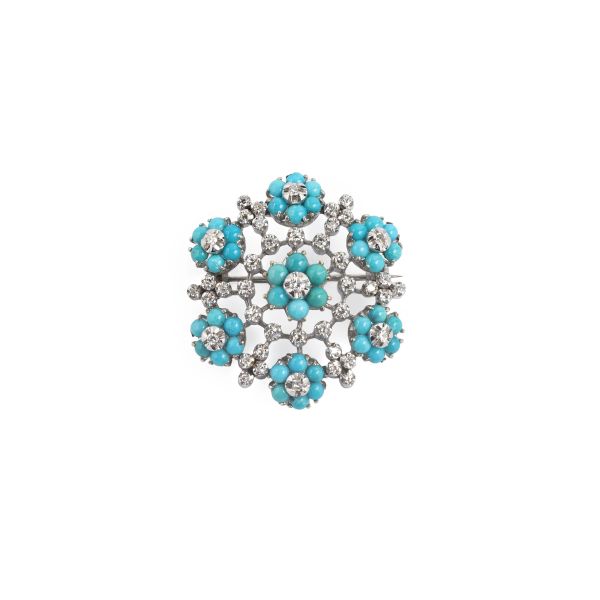 TURQUOISE AND DIAMOND BROOCH IN 18KT WHITE GOLD