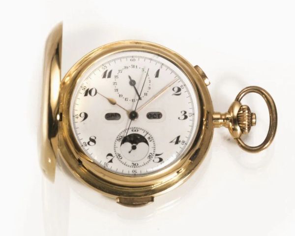  Orologio da tasca, Rocail, inizi sec. XX, con calendario completo, fasi lunari, cronografo e ripetizione dei quarti, in oro 18 kt 