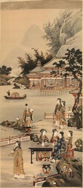  Coppia di scrolls, Cina inizi sec. XX,  in velluto, raffiguranti scene animate, cm 124x53