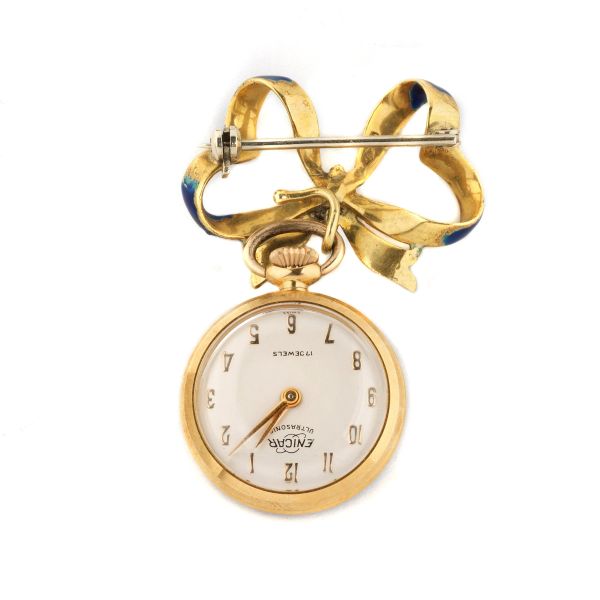 ENICAR ULTRASONIC     POCKET WATCH WITH ENAMELS BOW BROOCH