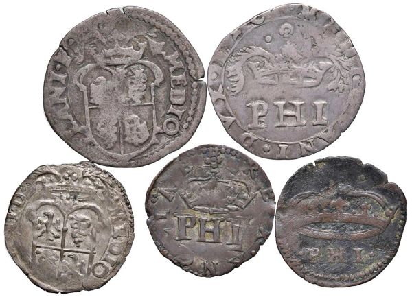 MILANO. CINQUE MONETE DIVISIONALI DI FILIPPO II (1556-1598) E FILIPPO III (1598-1621)
