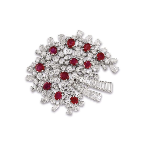 



RUBY AND DIAMOND FLOWERING BRANCH BROOCH IN 18KT WHITE GOLD
