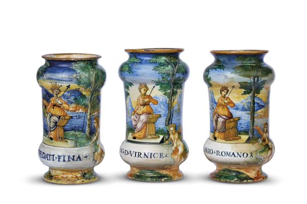 THREE PHARMACY JARS (ALBARELLI), WORKSHOP OF ORAZIO FONTANA, CIRCA 1565-1570