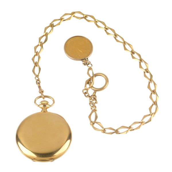 Omega - OMEGA YELLOW GOLD POCKET WATCH WITH A CHAIN AND A 10$ AMERICAN COIN