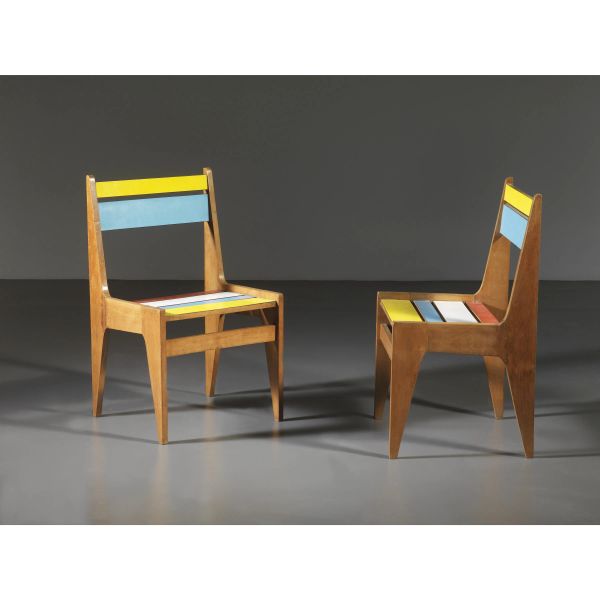 TWO CHAIRS, COLORED LAMINATED WOOD