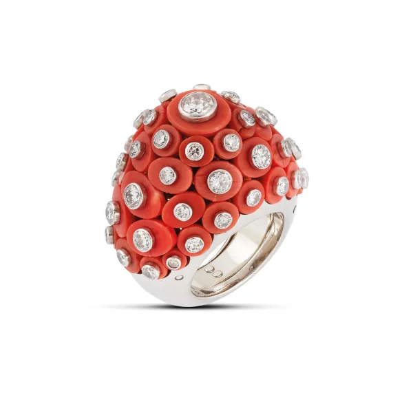 Cartier - 



CARTIER CORAL AND DIAMOND DOME RING IN 18KT WHITE GOLD AND PLATINUM