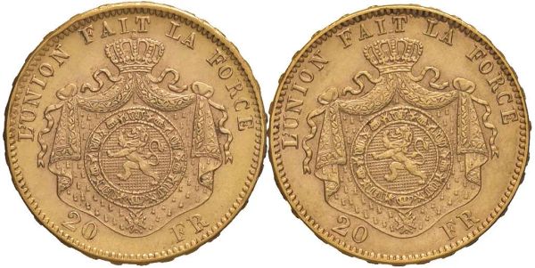 BELGIO DUE MONETE D&rsquo;ORO DA 20 FRANCHI