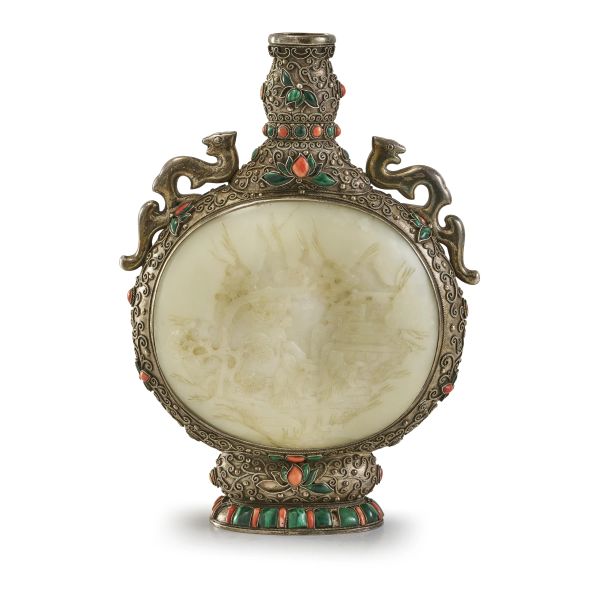 A SILVER AND JADE-INSET MOON FLASK, CHINA, QING DYNASTY, 19TH CENTURY