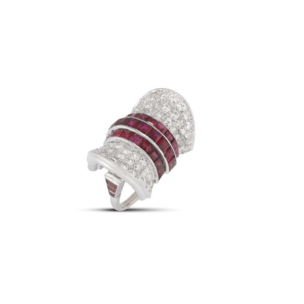 RUBY AND DIAMOND RIBBON RING IN PLATINUM