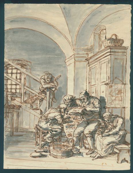 Lotto di due disegni con scena d'interno e studio per un ritratto di gruppo, inizio sec. XIX