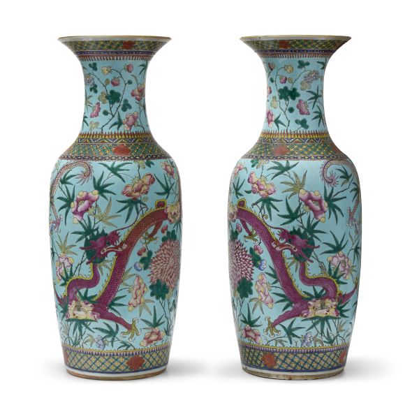 



A PAIR OF TURQUOISE-GROUND FAMILLE ROSE &ldquo;DRAGON&rdquo; LUOHAN VASES, CHINA, 19TH&ndash;20TH CENTURY 