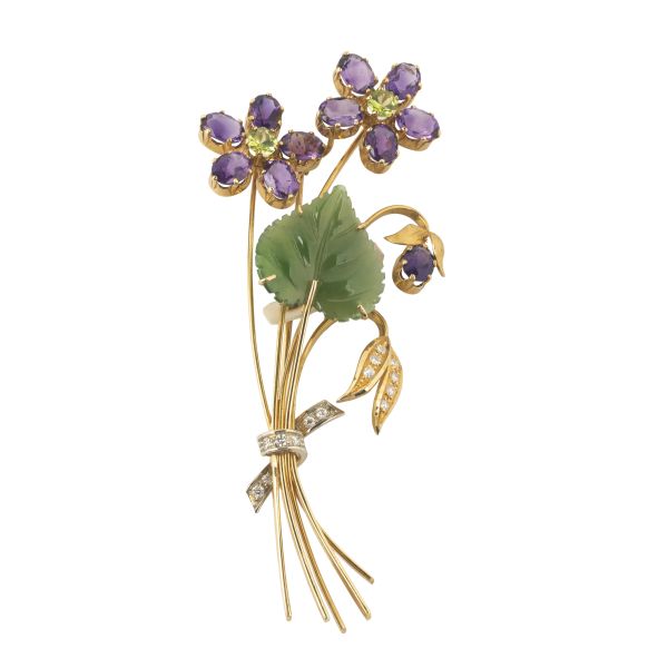SPILLA FLOREALE CON AMETISTE E PERIDOTI