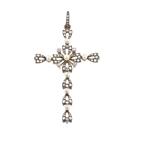 PEARL AND DIAMOND CROSS SHAPED PENDANT IN SILVER AND GOLD