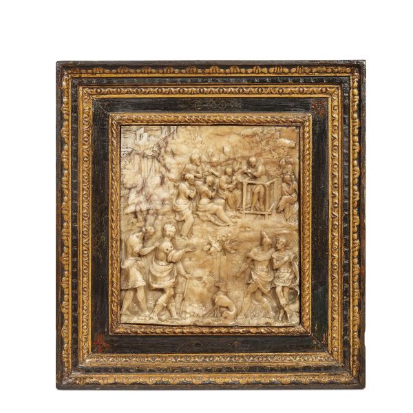 Lombardy, 16th century, Biblical scene, alabaster relief, 34,2x30,3 cm; within a painted and gilt wooden frame, 55,5x52,5x7,5