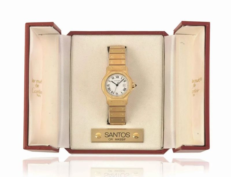 OROLOGIO DA POLSO SANTOS GALBE', IN ORO GIALLO 18 K,CON SCATOLA E GARANZIA  - Auction watches - II - Pandolfini Casa d'Aste