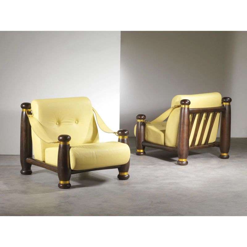 A PAIR OF ARMCHAIRS, WOODEN STRUCTURE, YELLOW LEATHER UPHOLSTERED CUSHIONS  - Auction 20TH CENTURY DESIGN - Pandolfini Casa d'Aste
