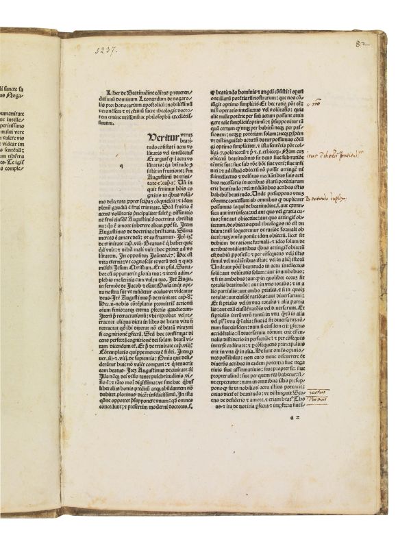      (Religiosi - Teologia - Verona - Vicenza)   NOGAROLUS, Leonardus.   Liber de beatitudine editus per reuerendissimum dominum Lonardum de nogarolis prothonotarium apostolicum   [&#8230;]  .   ([&#8230;] Impressus vincentie per henricum librarium, 1485 die xxix. nouembris).   - Auction BOOKS, MANUSCRIPTS AND AUTOGRAPHS - Pandolfini Casa d'Aste