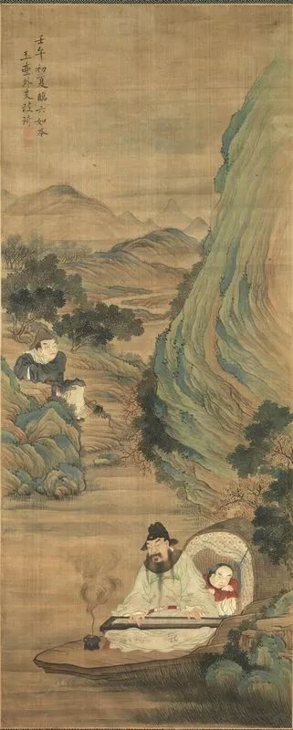  Dipinto su seta Cina dinastia Qing sec. XIX,  raffigurante musicista in un paesaggio montuoso, cm 135x54   - Auction Oriental Art - Pandolfini Casa d'Aste