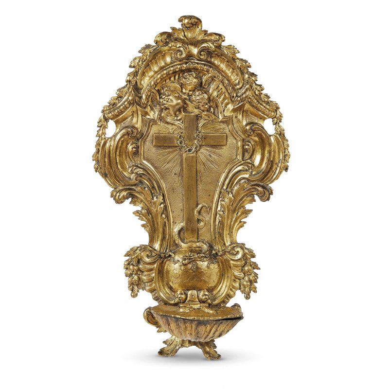 Roman, late 18th century, A little Holy water stoup, gilt bronze, 27,5x16x6 cm  - Auction Sculptures and works of art from the middle ages to the 19th century - Pandolfini Casa d'Aste