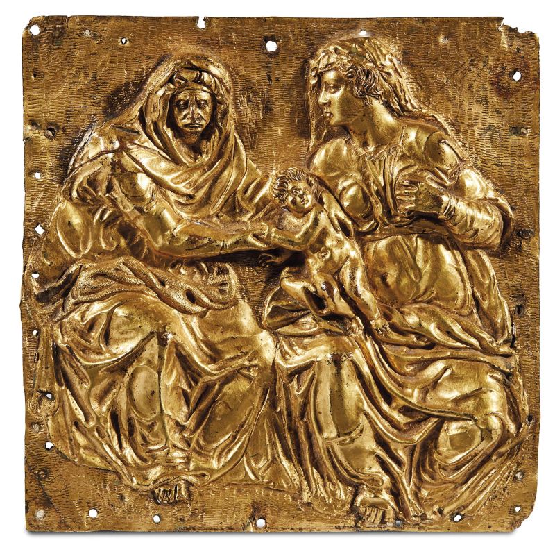Venetian, 16th century, Madonna with Child and St. Anna, embossed and gilt copper  - Auction PLAQUETS, MEDALS, BRONZETS - Pandolfini Casa d'Aste