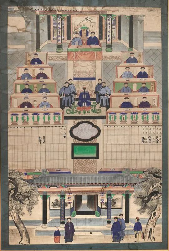  Grande pannello, Cina fine dinastia Qing (1644-1911),  pittura su carta bordata in seta, raffigurante albero genealogico, cm 185x121,5,  difetti piccoli buchi e macchie di umido   - Asta Arte Orientale - Pandolfini Casa d'Aste
