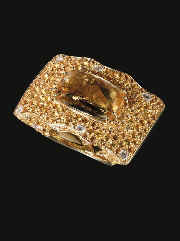 GRANDE ANELLO IN ORO GIALLO 18KT QUARZI CITRINI E DIAMANTI  - Asta gioielli - Pandolfini Casa d'Aste