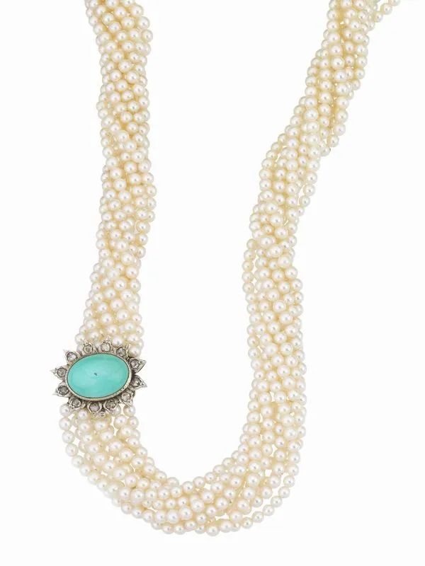 COLLANA IN PERLE, ORO BIANCO, ORO GIALLO, DIAMANTI E TURCHESE  - Auction FINE JEWELS - Pandolfini Casa d'Aste