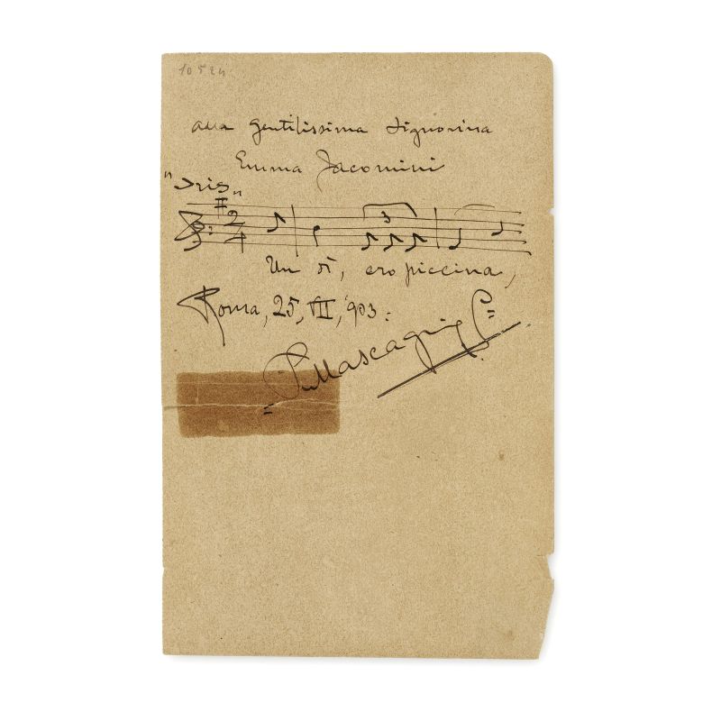Mascagni, Pietro. Pagina di album amicorum con dedica e citazione musicale  - Asta LIBRI, MANOSCRITTI, AUTOGRAFI E STAMPE - Pandolfini Casa d'Aste