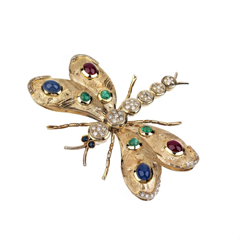 BUTTERFLY-SHAPED MULTI GEM BROOCH IN 18KT WHITE GOLD  - Auction ONLINE AUCTION | JEWELS - Pandolfini Casa d'Aste