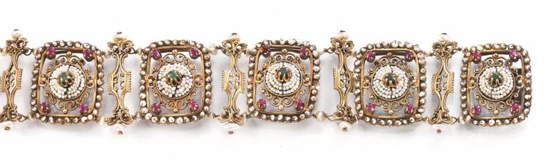 BRACCIALE, SEC. XIX,&nbsp; IN ORO A BASSO TITOLO, MICROPERLE E PIETRE DI COLORE  - Auction Fine Jewels and Watches - Pandolfini Casa d'Aste