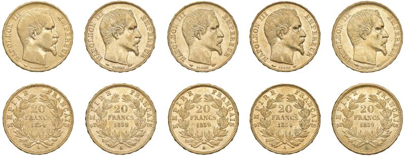 



FRANCIA. NAPOLEONE III (1852-1870). CINQUE MONETE DA 20 FRANCHI  - Asta AUREA - Pandolfini Casa d'Aste