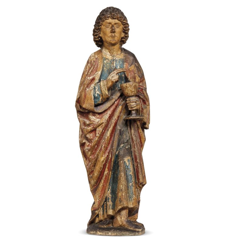 Northern Italy, late 15th century, A blessing figure, carved and polychromed painted wood, 100x32x22 cm  - Auction 15th to 19th CENTURY SCULPTURES - Pandolfini Casa d'Aste