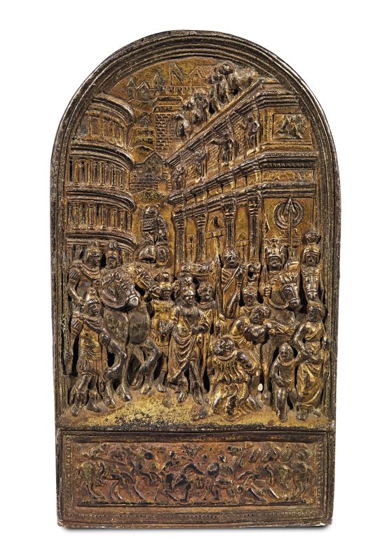 Italian, 16th century, A classical scene, gilt bronze  - Auction PLAQUETS, MEDALS, BRONZETS - Pandolfini Casa d'Aste