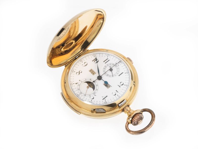 OROLOGIO DA TASCA IN ORO GIALLO CRONOGRAFO MONOPULSANTE RIPETIZIONE MINUTI  - Auction Jewels, watches, pens and silver - Pandolfini Casa d'Aste