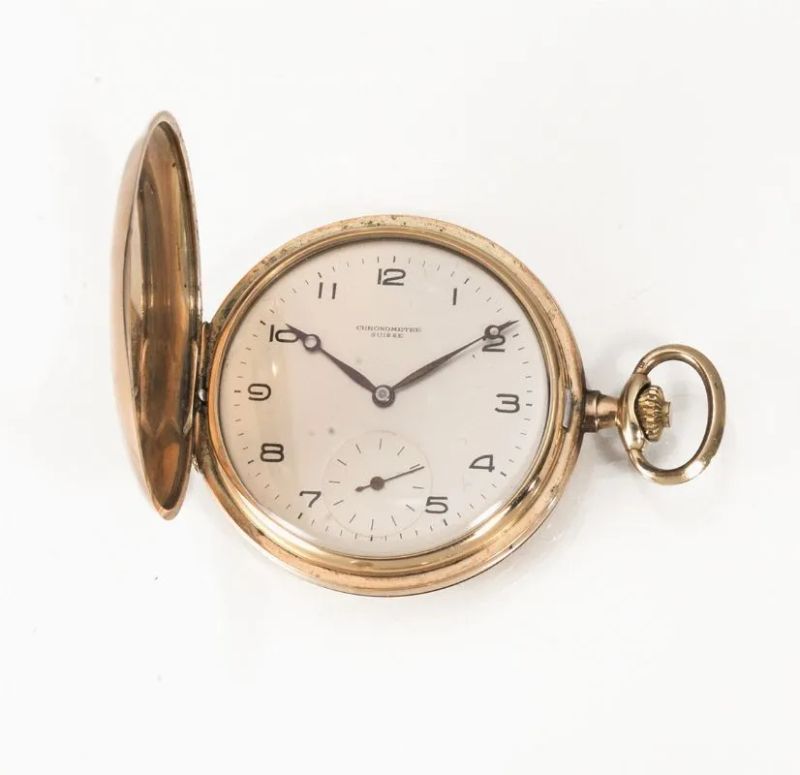 Orologio da tasca in oro giallo Chronometre Suisse, in oro rosa 12 kt, corredato di catena in oro rosa, g 27  - Asta Importanti Gioielli e Orologi - I - Pandolfini Casa d'Aste