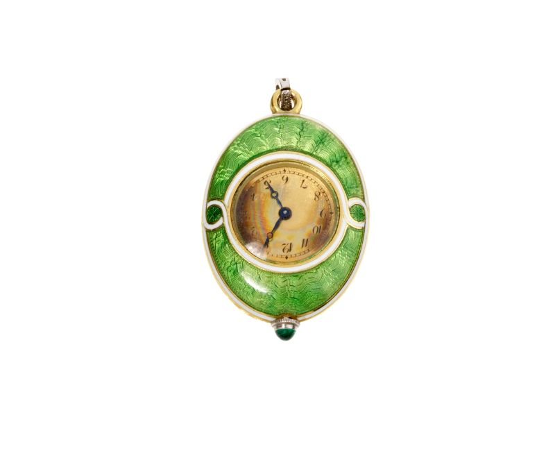 PENDENTE IN ORO GIALLO 18KT E SMALTO VERDE CON OROLOGIO  - Auction Jewels, watches, pens and silver - Pandolfini Casa d'Aste