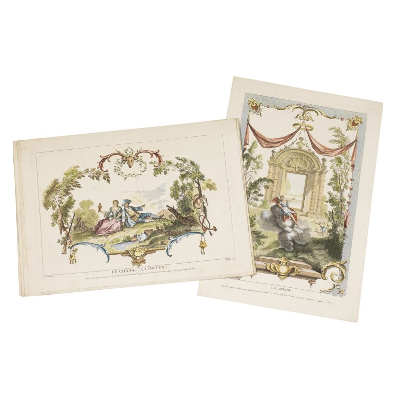 Lot of six pretty loose copper-engravings in the Rococo style, hand coloured, bucolic subjects, ca. 440x320mm. Detailed description and additional images upon request.  - Auction BOOKS, MANUSCRIPTS AND AUTOGRAPHS - Pandolfini Casa d'Aste